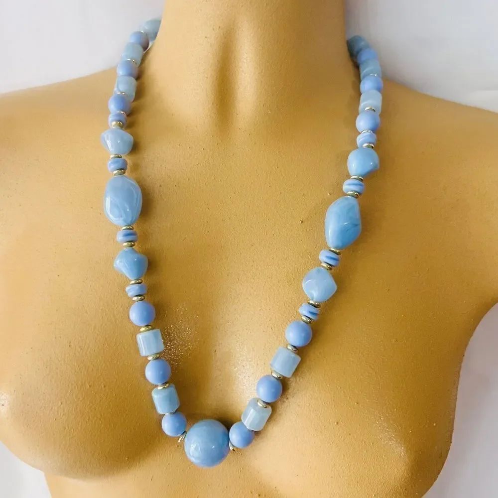Vintage Lucite Necklace Baby Blue Chunky Beads Gold Beaded 24“ 4416